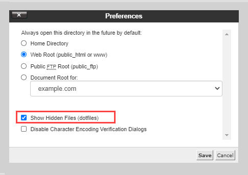 Preferences window with options to show hidden files and set web root directory for 'example.com'